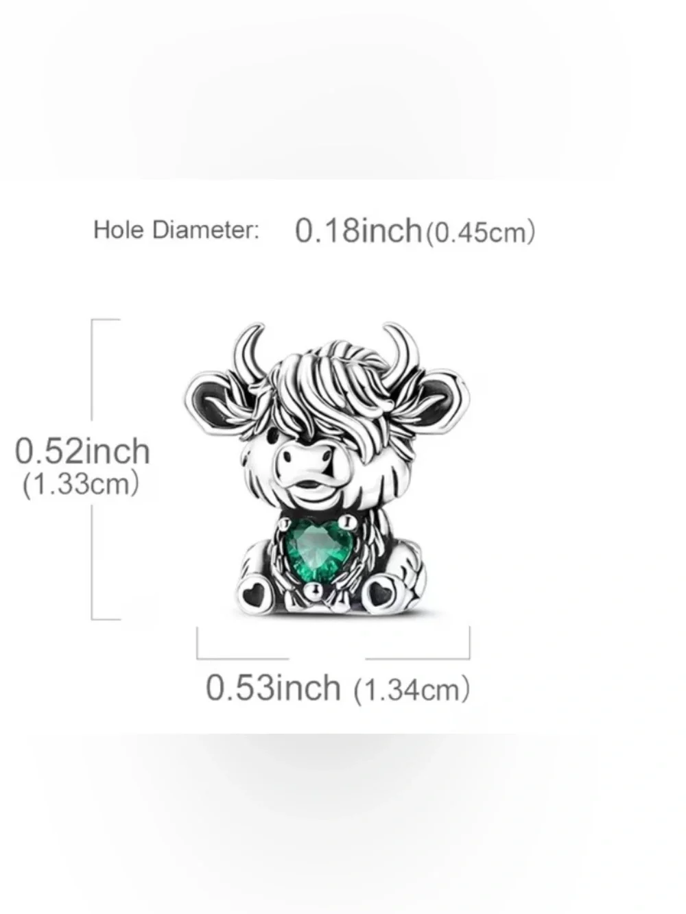 🐮💚 Highland Cow Charm Green Heart 925 Sterling Silver Style Farmhouse Cute Bead